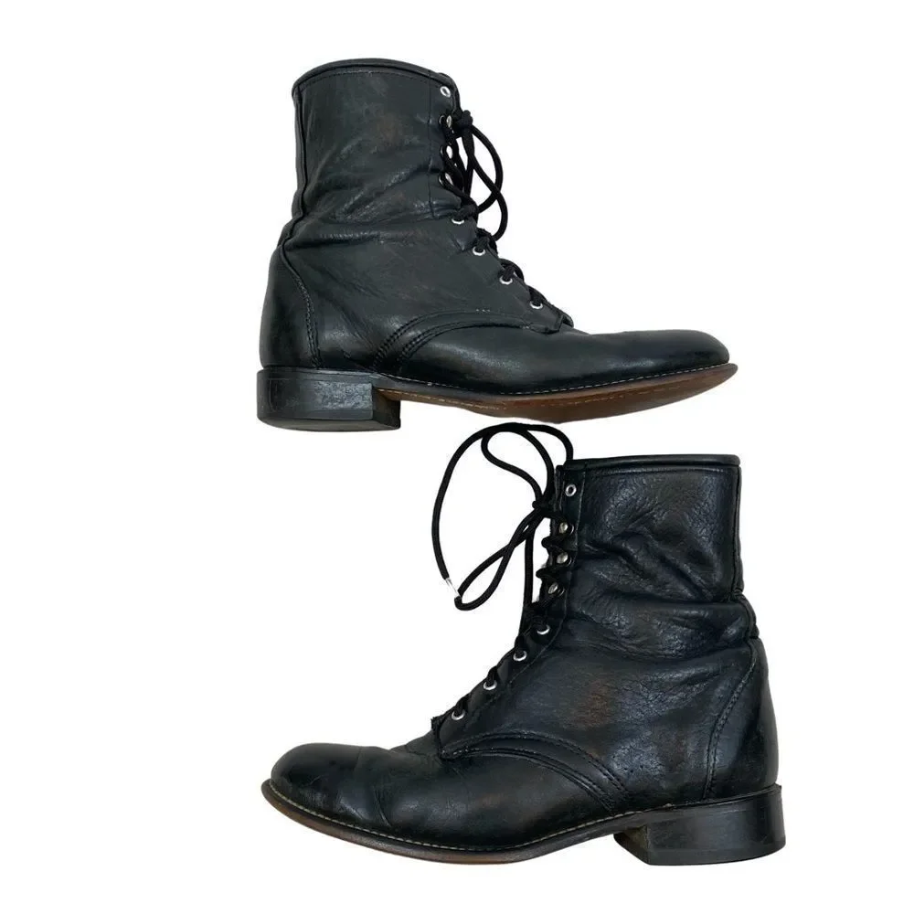 Mens Genuine Leather Lace Up Black Boots Size 8